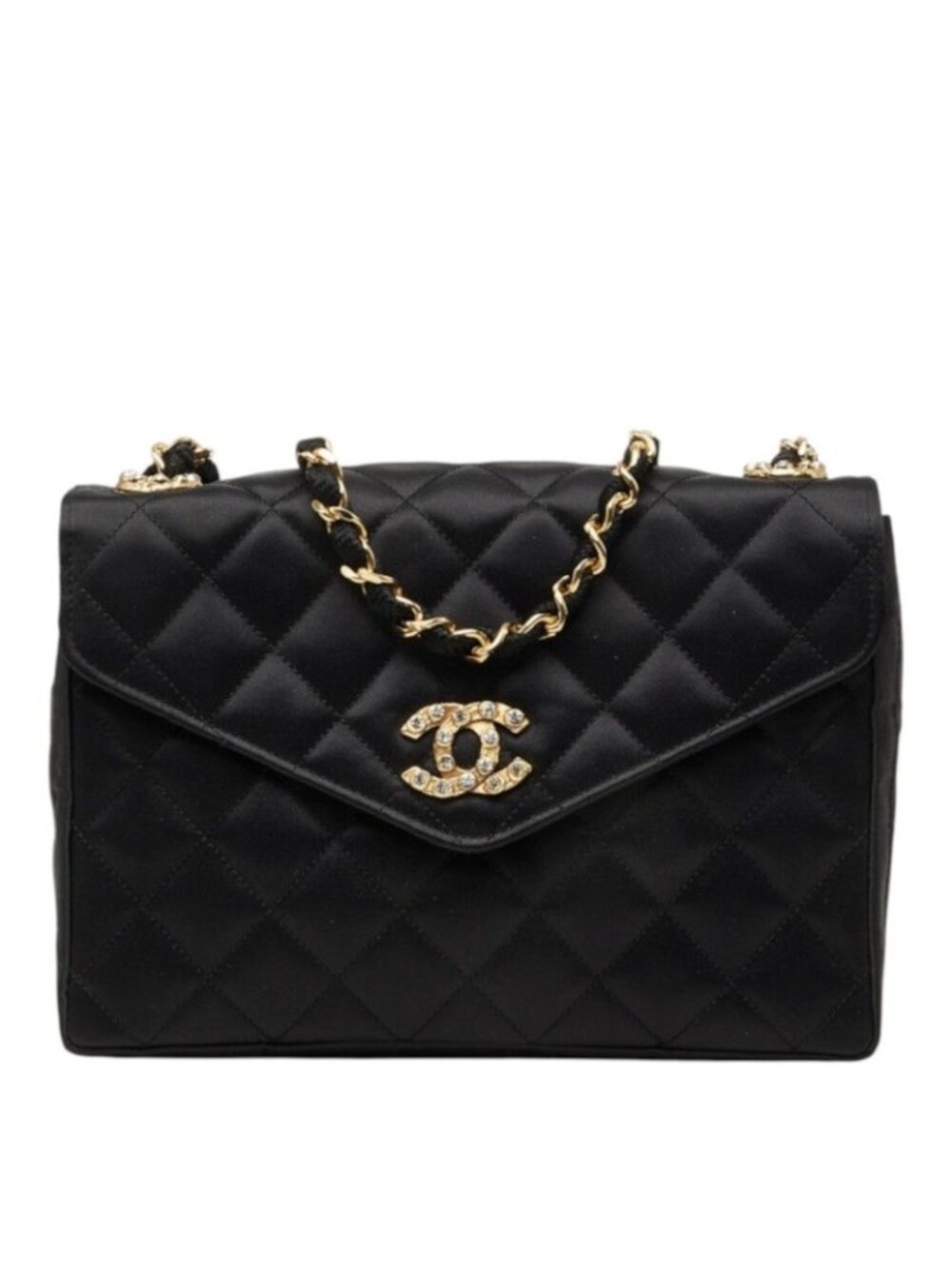 Chanel CC Logo Quilted Chain Shoulder Bag Black Gold Rhinestone Silk Satin